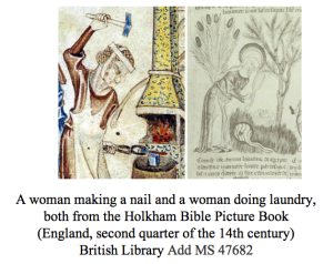 A woman making a nail and a woman doing laundry, both from a 14th century English picture Bible